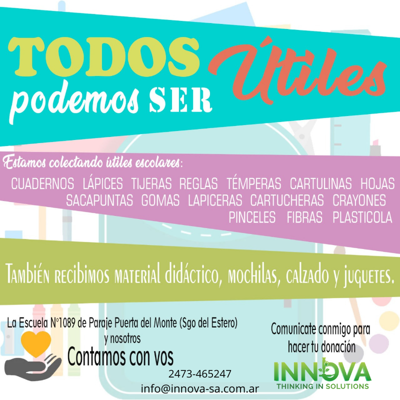 IAgroservicios's tweet photo. Desde nuestro programa de #RSE ponemos toda nuestra estructura para recolectar útiles escolares para la escuela N° 1089 de Paraje Puerta del Monte (Sgo del Estero).
Contactanos  2473-465247 o info@innova-sa.com.ar para enterarte todas las localidades donde podes dejar tu ayuda! https://t.co/a5XMJVbxLY