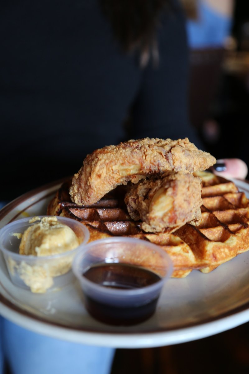 Our chicken &amp; waffles: a deadly duo. Come on in and get some. Bluegrass Brunch from 10am-3pm!