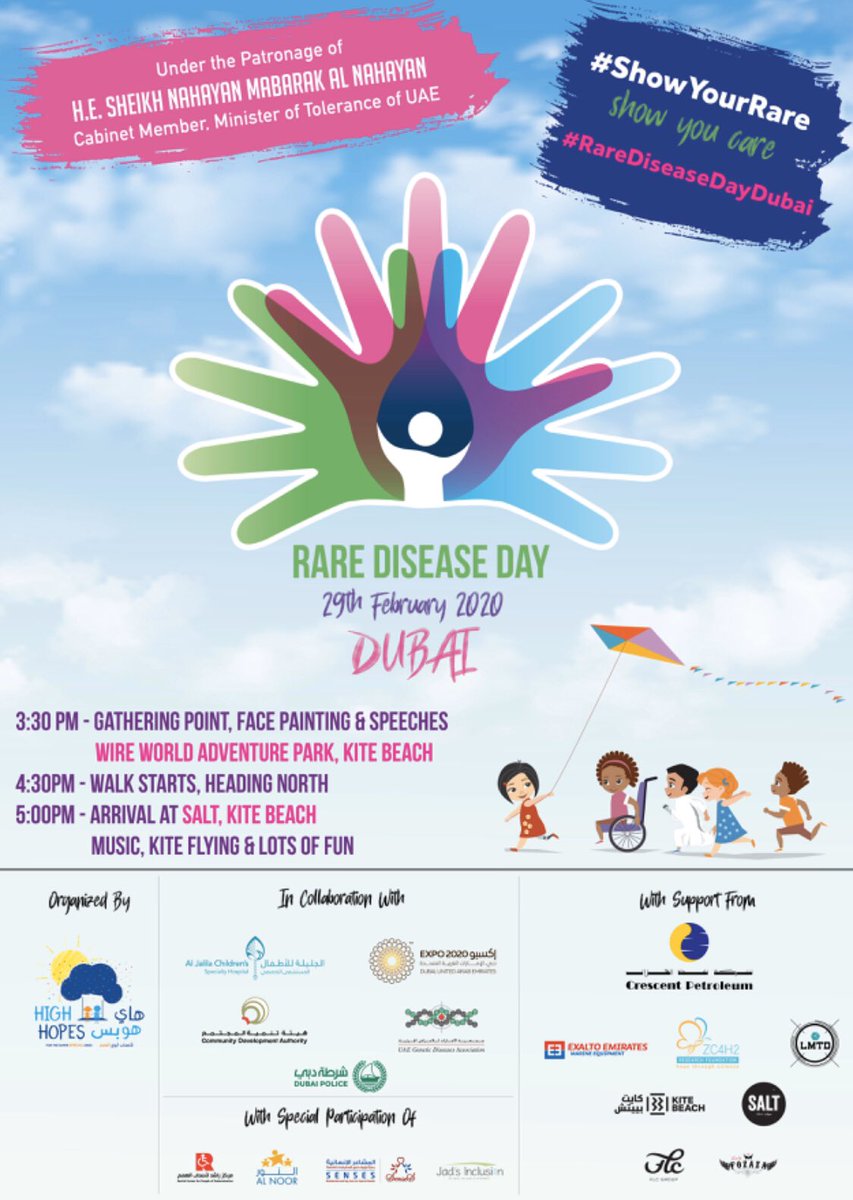 EmmaDibden's tweet photo. 5% of the world pop are affected by rare diseases - that’s approx 300 million people. Celebrate Rare Disease Day in Dubai on 29.2.20. You can show your support by joining the family walk on Kite Beach. #ShowYourRare #RareDiseaseDayDubai @LukeReesEdu @JESSJumeirah @JESSOasisDept https://t.co/kQX0Sb1rO8