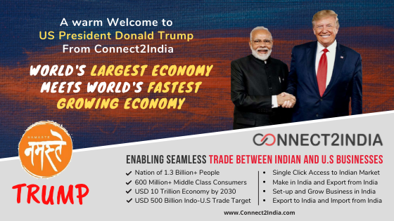 With <a href="/realDonaldTrump/">Donald J. Trump</a> &amp; <a href="/narendramodi/">Narendra Modi</a>'s leadership, #US is now India's top #tradingpartner with #bilateraltrade expected to cross USD150 Billion for first time. 
#Connect2India looks forward to #USPresident #Donald #TrumpIndiaVisit tomorrow!
#NamasteTrump #TrumpInIndia #moditrump