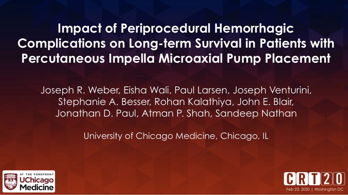 SandeepNathanMD's tweet photo. @Josephreidweber with a great oral presentation at #CRT2020:  Predictors of hemorrhage following Impella placement extending work of @wali_e &amp; others @UChicagoMed. Well done Joe. @UCCardsFellows @MedChiefs @DrAmirKaki @davebaran @agtruesdell @PerwaizMeraj @SVRaoMD @NavinKapur4 https://t.co/ZF5H2zTBoD