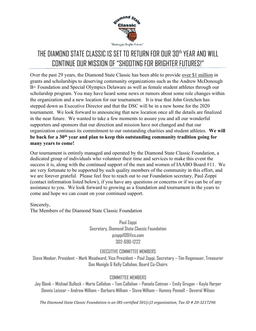 DSCClassic's tweet photo. We will be back for year 30!  Please read this very important letter from our tourney committee!  Thank you for all of your support as we keep “shooting for brighter futures.” https://t.co/oJhYTI9MZd