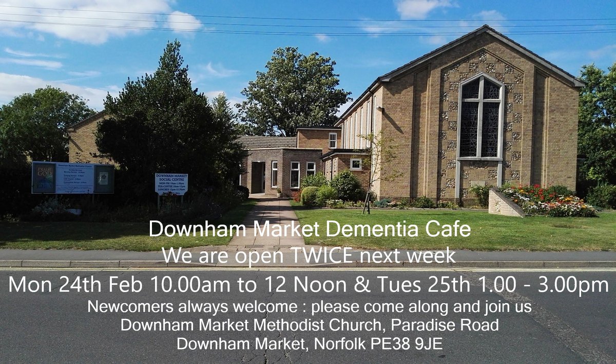 Downham Dementia Cafe will be open TWICE this week.  Mon 24th Feb 10.00am to 12.00 Noon &amp; then Tues 25th Feb 1pm to 3pm. Please come along &amp; join us, newcomers are always welcome.  We now open 4 times each month. #dementia #downhammarket #downham