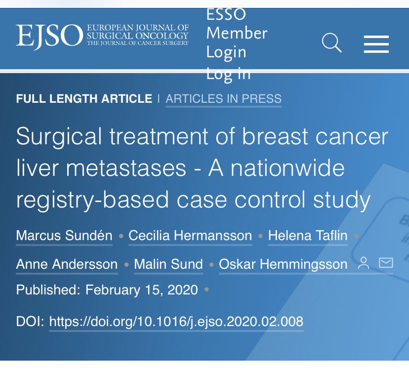 Should isolated BC liver mets be operated? 🇸🇪 registry study indicates benefit 👇🏼😷doi.org/10.1016/j.ejso…. This will be tested in a RCT #BRECLIM  👉🏽 ClinicalTrials.gov Identifier: NCT04079049 <a href="/ESSOnews/">European Society of Surgical Oncology (ESSO)</a> <a href="/oskarhem/">Oskar Hemmingsson</a> <a href="/OlofssonBagge/">Roger Olofsson Bagge</a> <a href="/taflin_helena/">Helena Taflin</a> <a href="/sparrelid/">Ernesto Sparrelid</a>