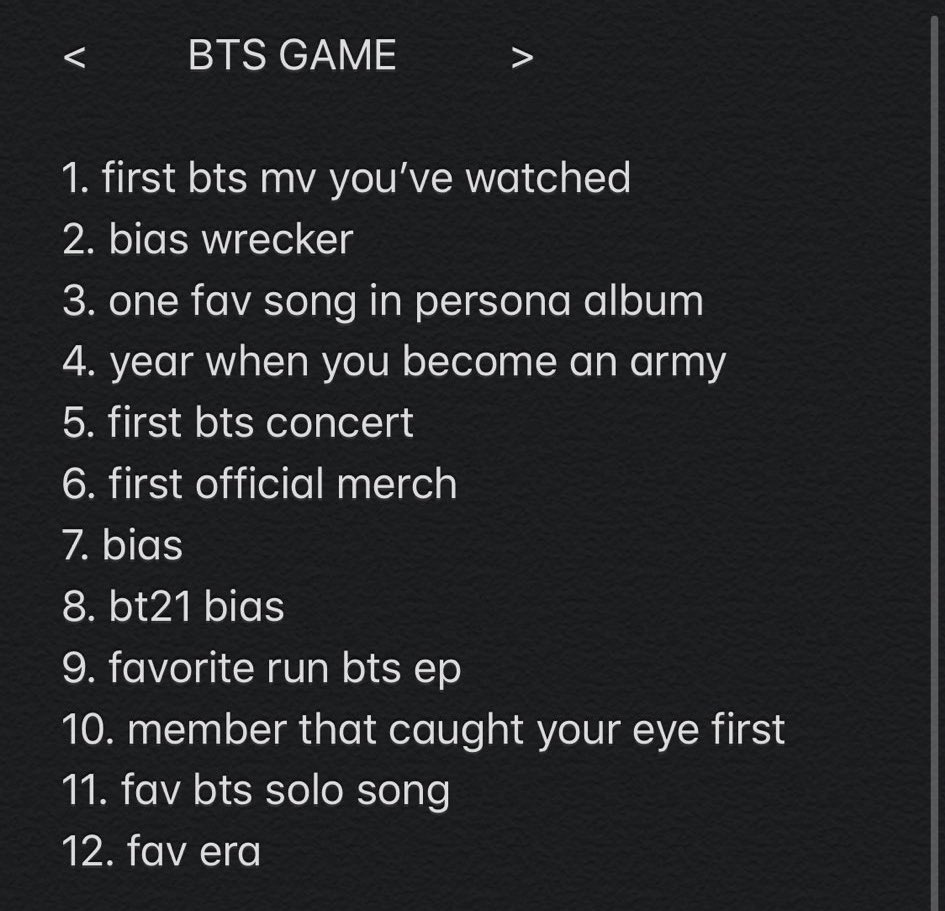 ellatinita's tweet photo. [ BTS GAME ] 
1 . Just One Day
2 . Jungkook
3 . Mikrokosmos
4 . Stan in 2014 , ARMY in 2017
5 . 19 of October 2018
6. ARMY BOMB V2
7 . Jimin :) 
8 . Koya 
9 . The Zombie one 
10 . Jungkook
11 . My Time and Seesaw
12 . Wings Era obv https://t.co/IPlMwUpGJT