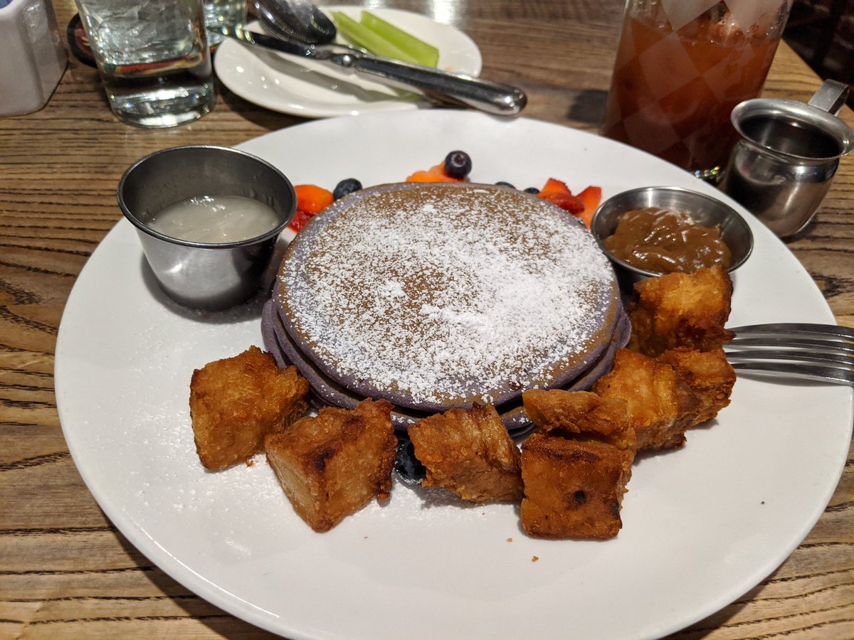 Ube pancakes with lechon. The lechon is ridiculously delicious! <a href="/PurplePatchDC/">Purple Patch DC</a>