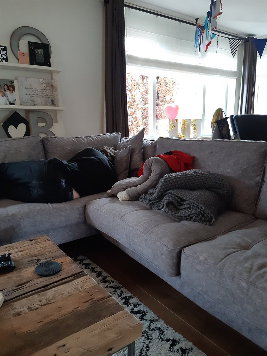 Nonde... onze Grote Optocht ging vanmiddag niet door. Voor 't eerst in 54 jaar. Iedereen in #Boemeldonck (Prinsenbeek) van de leg. Zo ook m'n bouwende zoon, hier verdrietig op de bank. 

Carnaval verruimt je zichtveld want ineens zie ik zoveel meer op onze bank.