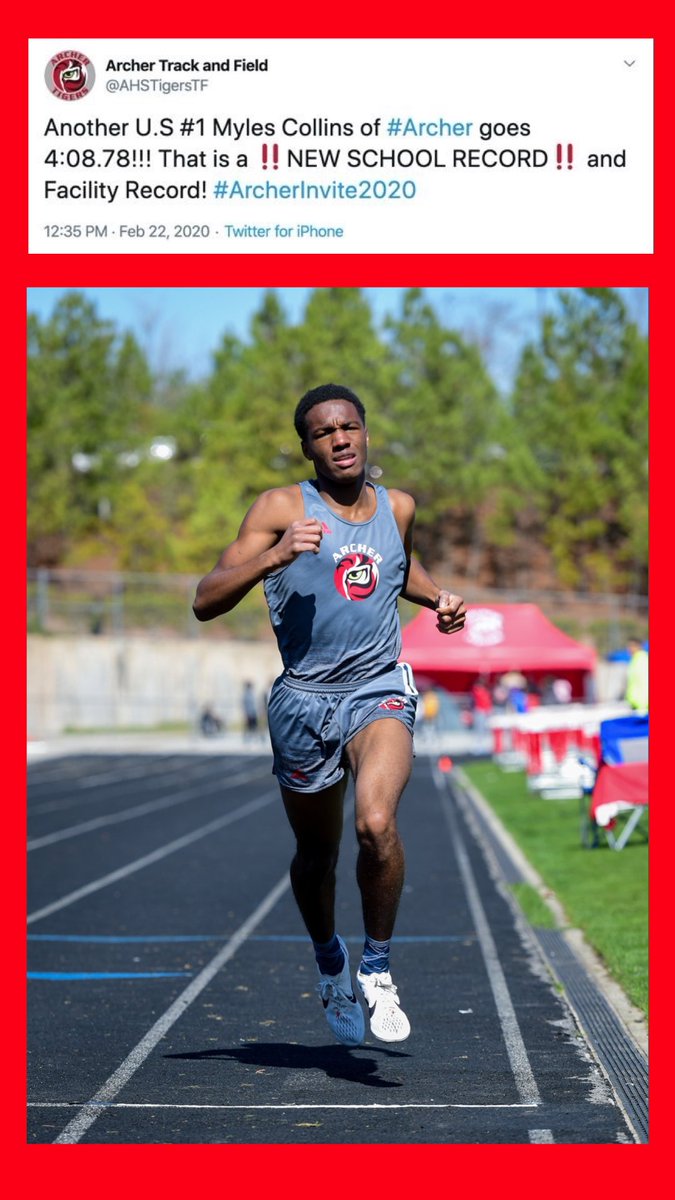 bjaj1's tweet photo. A new 🇺🇸 HS #1 in the 1600m run by @MylesCollins24 🏃🏿‍♂️of Archer High School  @AHSTigersTF at the #ArcherInvite2020 🥇🏆 @milesplit @GAMilesplit @ATLtrackclub @AHSTigersSports @ArcherHSTigers #track #TrackAndField #Running #tracknation @OfficialGHSA 📸 credit @Trowephoto1 https://t.co/ZCFzTumsth