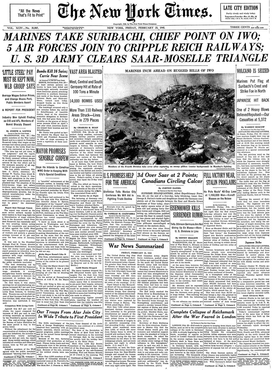 Feb. 23, 1945: Marines Take Suribachi, Chief Point On Iwo; 5 Air Forces Join To Cripple Reich Railways; U.S. 3D Army Clears Saar-Moselle Triangle  https://nyti.ms/3a1fmgi 