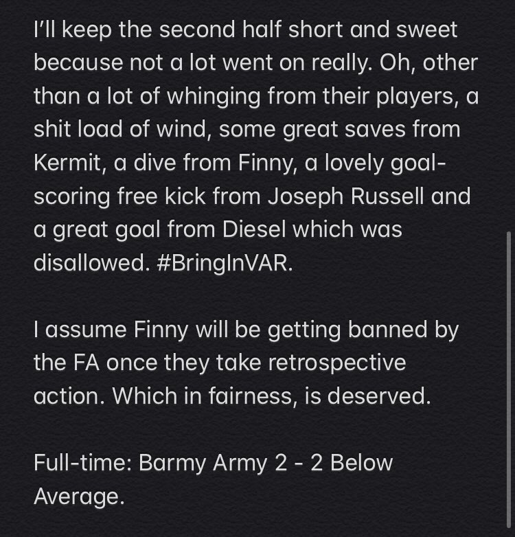 Barmy Army v Below Average FC Match report | Difficult conditions for the lads but a decent result in the end against a good side #BarmyArmy