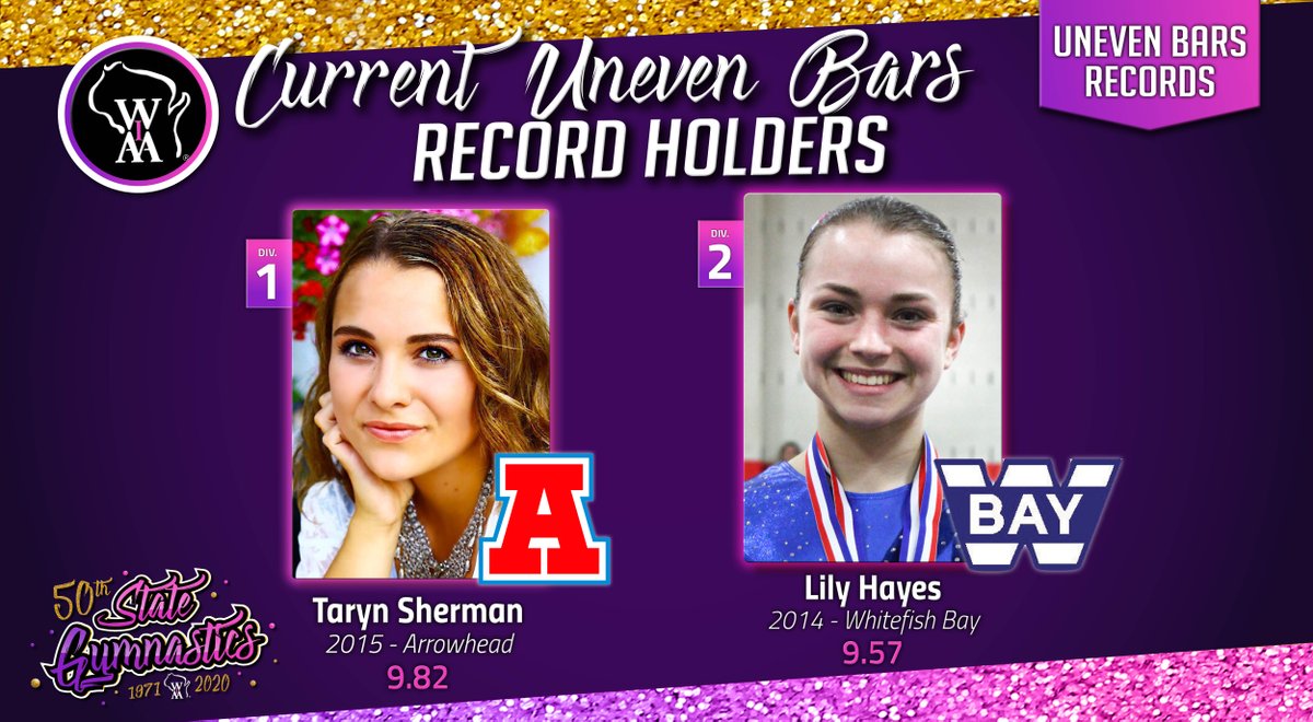 The WIAA Uneven Bars State Meet Records are held by Taryn Sherman of Arrowhead in D1 and Lily Hayes of Whitefish Bay in D2. <a href="/Arrowheadschool/">ArrowheadSchools</a> <a href="/WFB_BLUEDUKES/">WFB Athletics & Activities</a> 🤸‍♀️ #50WIAAGymnastics #wiaagym #StateRecord