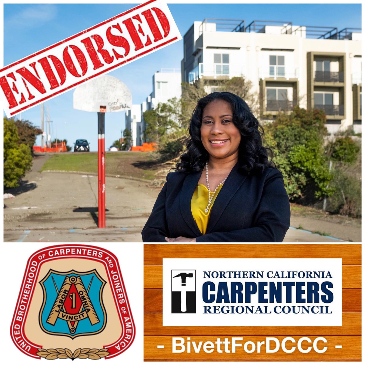 BivettForDCCC's tweet photo. Northern California Carpenters Regional Council (NCCRC) are pleased to endorse Bivett Brackett for the Democratic County Central Committee (DCCC) 🚧 🏗 for her commitment to California Trade Union values NCCRC represents over 35,000 men women in carpentry and related crafts. 👷🏾‍♀️🔨 https://t.co/HpaoVVBNEw