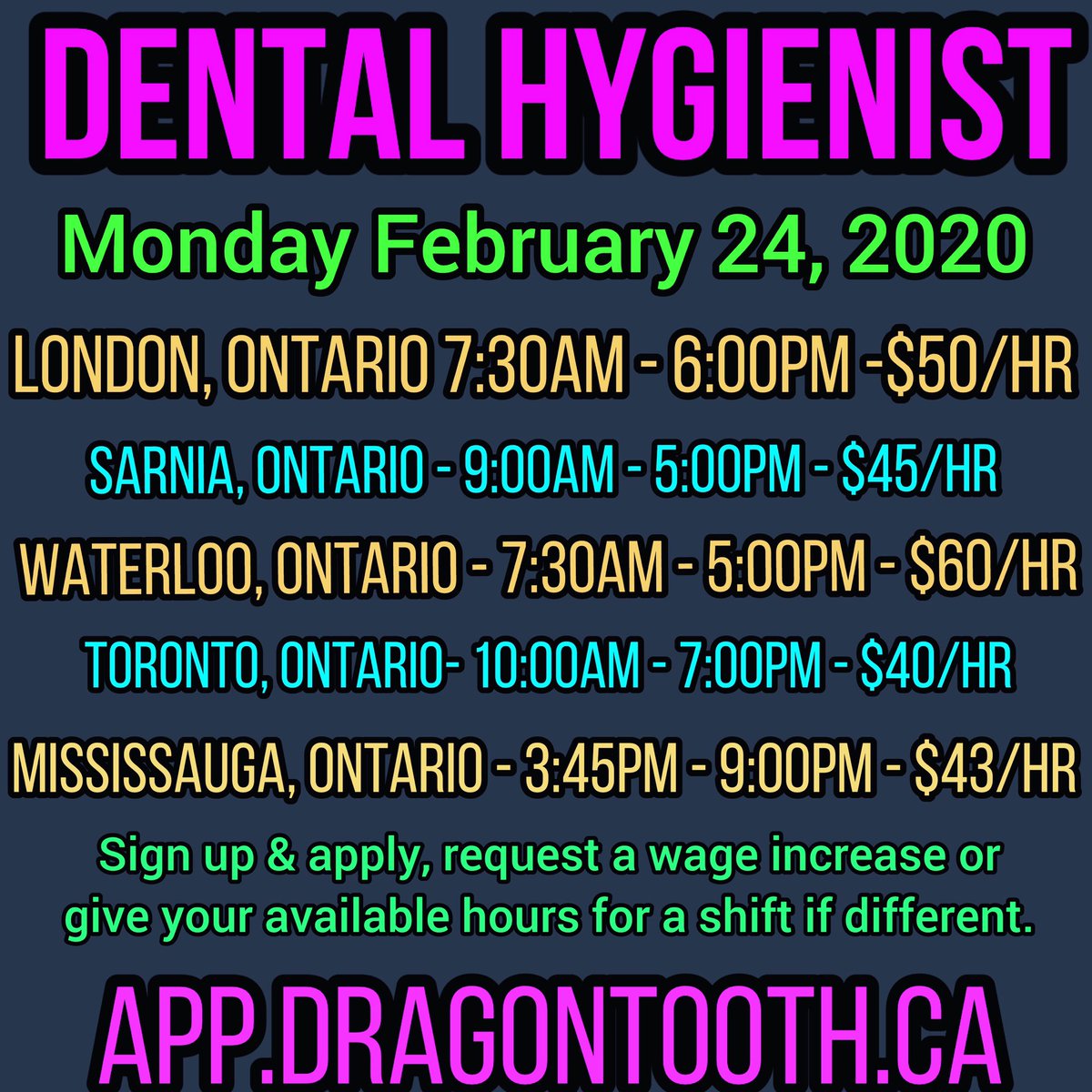 DragonToothApp's tweet image. Dental Hygiene temp opportunities inside DragonTooth for tomorrow and other days for months. Sign up (IT’S FREE) &amp;amp; apply to shifts you’re available to work. 
***inside your account you can request a wage increase or adjust the start &amp;amp; end times) @OntarioODHA @theCDHA @cdha_strong