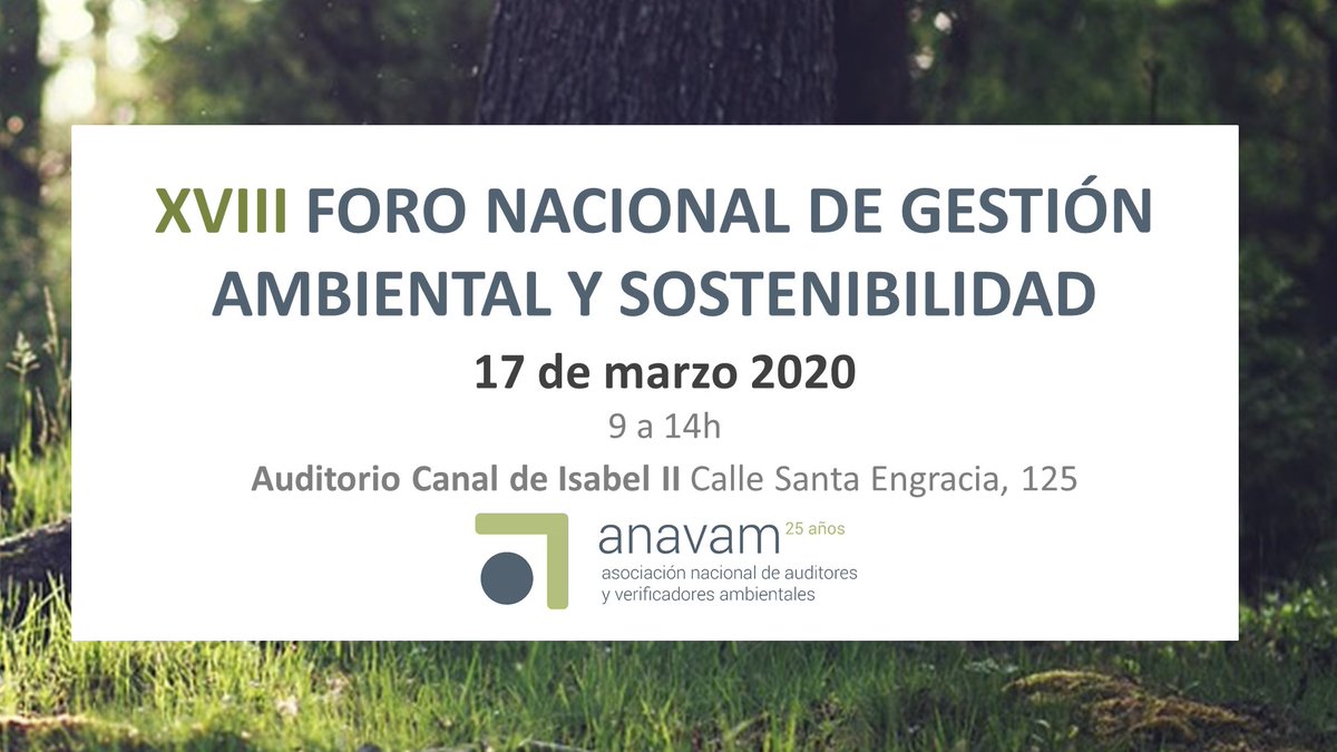 ANAVAM1's tweet photo. Abiertas las inscripciones para el Foro Nacional de Gestión Ambiental y Sostenibilidad #18ForoANAVAM
🗓️17 de marzo de 2020 
⏰de 9 a 14h
🗺️Auditorio Canal Isabel II C/Santa Engracia 125
📜https://t.co/hHxCXZwGWt
✍️https://t.co/eJd8G5lLPr
¡No te lo pierdas!#ISO17029 #Financiación https://t.co/imqbIt9q3r