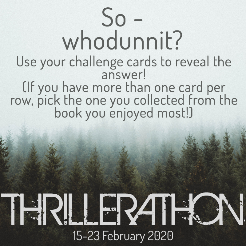 thrillerathon's tweet photo. Okay so let's wrap up the readathon! Who did it, where, and with what? (Refer back to the challenge board to find your answer!) #ThrillerAThon https://t.co/utOVqZFtCD