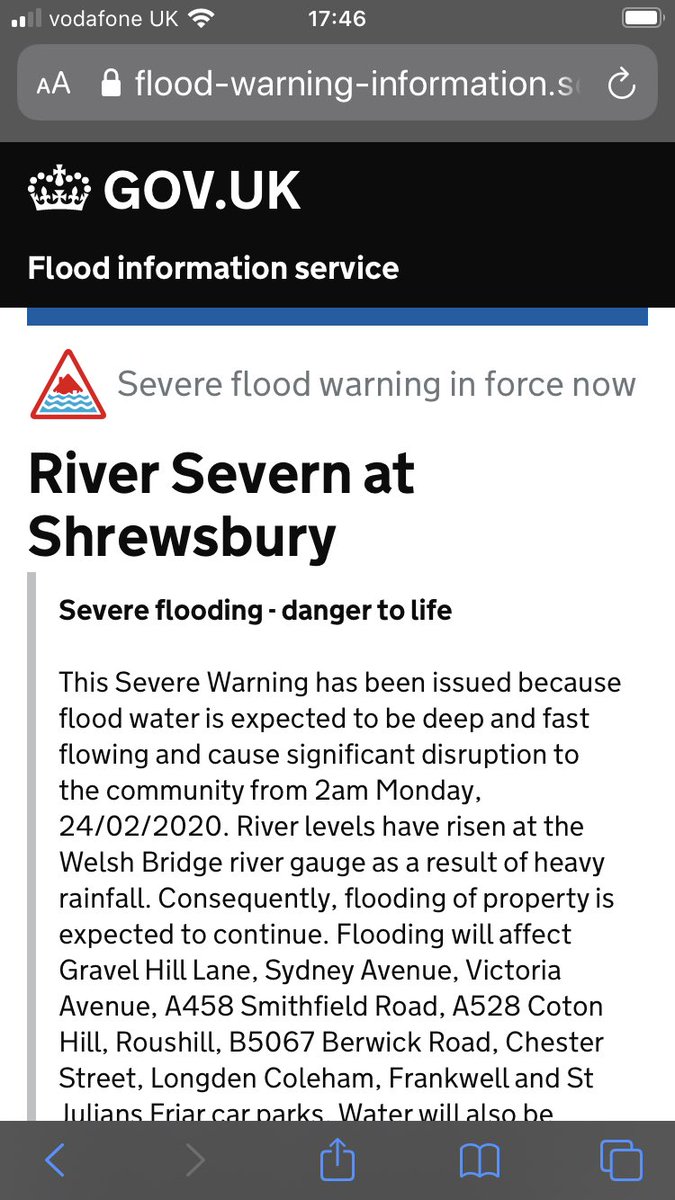 MikeGrimesEA's tweet photo. The Environment Agency has issued a severe flood warning at Shrewsbury. Please stay safe and stay up to date  https://t.co/mkD75Zz4kC https://t.co/HyatnBQn4R