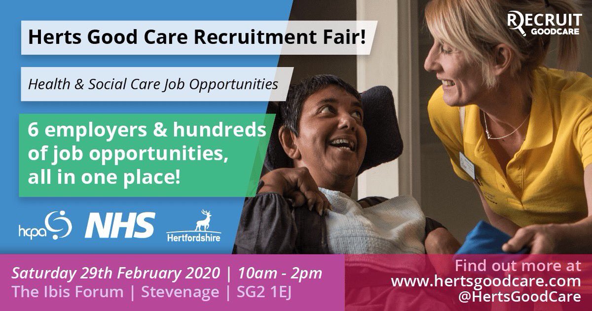 hertscc's tweet image. If you’re interested in a career where you can make a real difference why not consider a role in health &amp;amp; social care? Join us at our recruitment day on Sat 29 Feb, find out more about the 100s of jobs available from top employers in #Hertfordshire 
#goodcare #everydayisdifferent