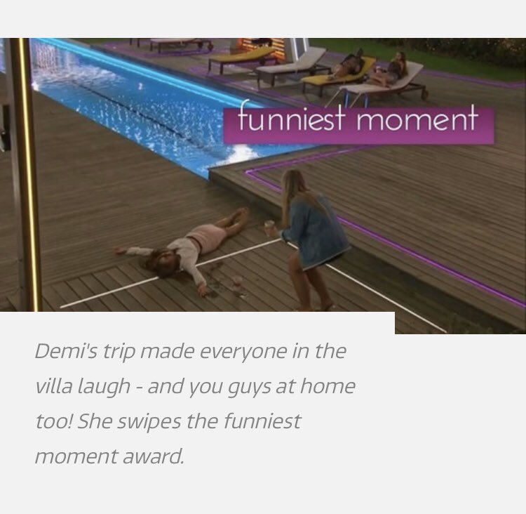 Demi_Jones1's tweet photo. You guys have voted for this as the funniest moment π Head over to the love island app to see the Islander awards π #loveisland #teamdemi #teamlemi #funniestmoment https://t.co/Z6caTa3uRS