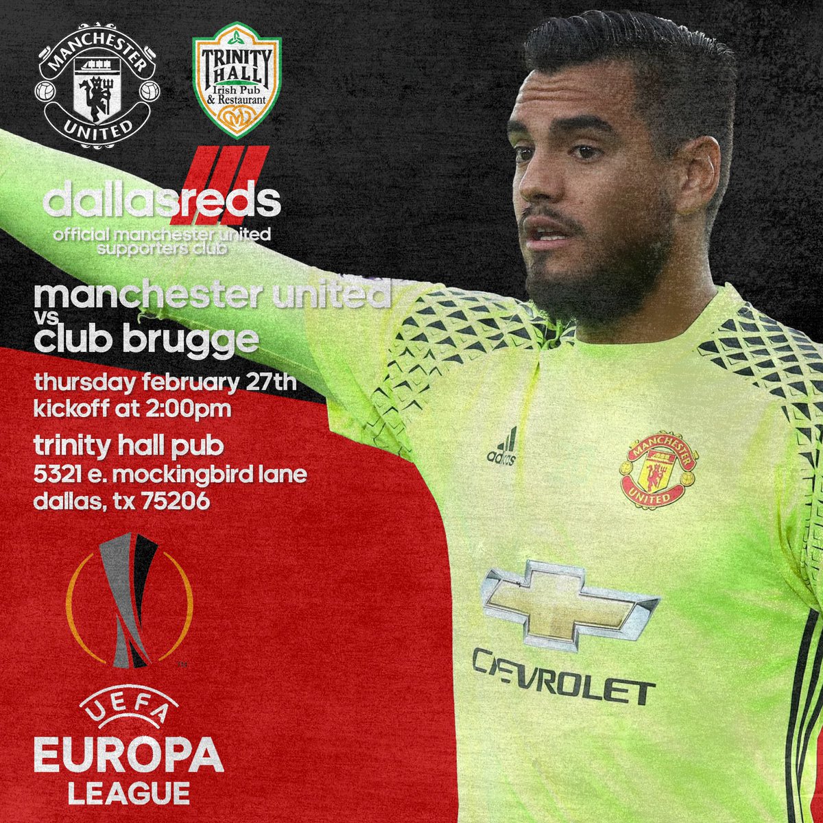 DallasReds's tweet photo. Second leg of the #EuropaLeague round of 32 and a home match against @ClubBrugge at #OldTrafford Come join the Official #MUSC of #DFW @TrinityHall #MockingbirdStation #Dallas #Texas for kick off.  Plenty of parking and right by the #DARTRail Event in Bio #UTFR https://t.co/yKPShtnRfp