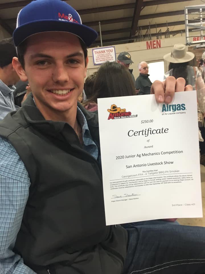 georgetownffa's tweet photo. Another great show at the San Antonio Ag Mech Show! Hunter brought home a 3rd place in his class! Joseph brought home a 4th place in his class! @GeorgetownHS @CTEShrek @GeorgetownISD @ccmrgisd @GISD_CTE @Mr_B_Johnson https://t.co/gZdECEfJ2q