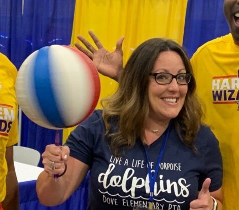 Mrs. Landrum is on the team! <a href="/DES_Landrum/">Heather Landrum 🐬</a> credits her dad for her free-throw skills. He would make her shoot free throws before she could leave for a date! Also, we heard that she can dunk. Buy your tickets today so you can see if that is true: dovepta.org/wizards #DESisBest