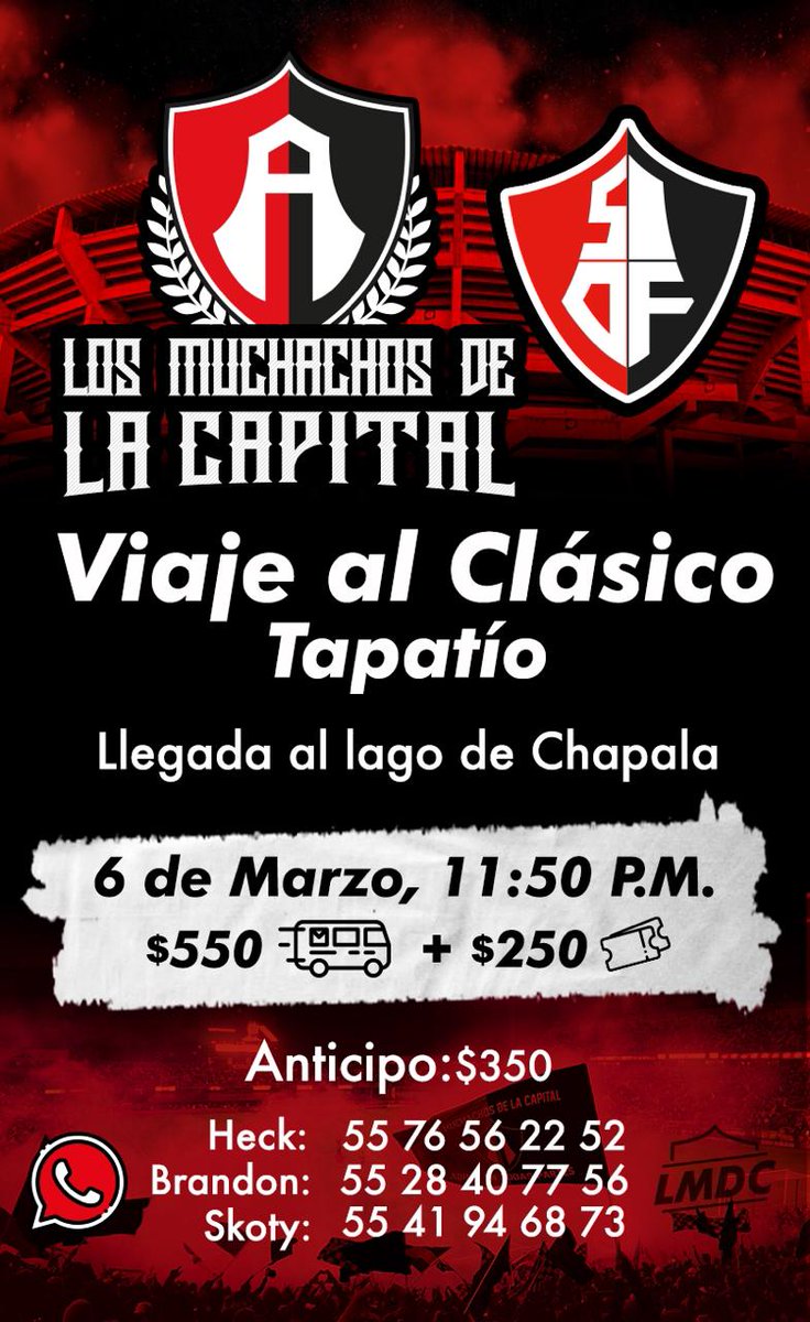 Barra51DF's tweet photo. #EstamosDeVuelta51DF

🔴⚫Viaje al Clasico🔴⚫
Salida Viernes 6 Marzo 
Costo : $800 viaje redondo con boleto

Deposito / Apartado $300 el resto de paga el día del viaje

+detalles e información
55 4194 6873 // 55 7656 2252 https://t.co/MY8458M837