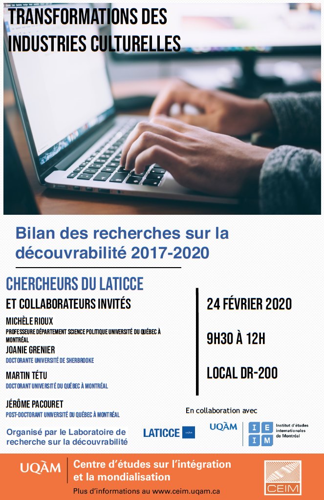 LATICCE's tweet photo. 24 février, « Bilan des recherches sur la #découvrabilité 2017-2020 », 9h30-12h, Local DR-200 La réunion présentera les travaux du Laboratoire de recherche sur la découvrabilité et les transformations des industries culturelles à l'ère du commerce électronique (LATICCE) https://t.co/Gr2TOqE5P4