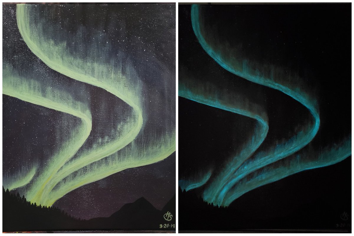 NannerSnow59's tweet photo. 3 acrylic painting set I created! All of the glowing accents were done with #ArtnGlow glow-in-the-dark paint. #artbyhannahsnow ##mywork #nightskies https://t.co/i5CpRQ565h