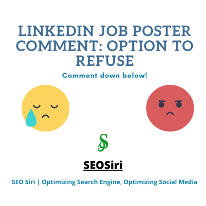 seofixup's tweet image. LinkedIn job poster comment: Option to refuse.
Read more- lnkd.in/fBm-jEV
#LinkedIn #LinkedInCoach #LinkedInGuide #LinkedInTips #JobPostingOnLinkedIn #CommentingOnLinkedInJobPost #CareerCounseling #CareerAdvisor 
Video view- lnkd.in/fVmwSe3