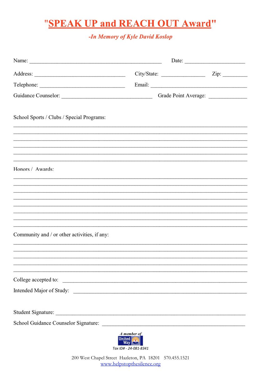 ATTENTION HAHS SENIORS!
The Speak Up &amp; Reach Out  Scholarship Award - In Memory of Kyle David Koslop has been placed in your guidance office. Check it out !! 
And check out last year’s recipient @ helpstopthesilence.org/scholarship-in…

PLEASE SHARE...
<a href="/HASDAnnounce/">HASD_Announcements</a> <a href="/HazletonSpirit/">Cougar Crazies</a>