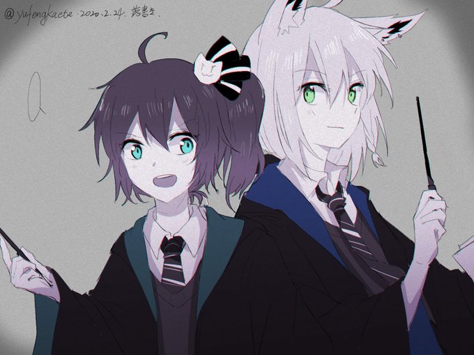 #祭絵 #絵フブキ 
#夏色吹雪

Slytherinのまつリちゃん
と
Ravenclawのフブキちゃん 