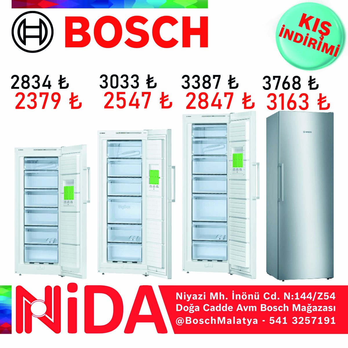 NidaBosch's tweet photo. BOSCH'dan Derin Dondurucular'da Kış Kampanyası!
192 lt ile 242 lt arasında ihtiyaçlarınızı karşılamak üzere tasarlanmış A++ enerji tüketimine sahip Süper şoklama özellikli derin donrucularda kampanyalı fiyatlara ek mağaza indirimlerimizden faydalanmak için mağazamıza bekliyoruz. https://t.co/vr2xeo1Cg2