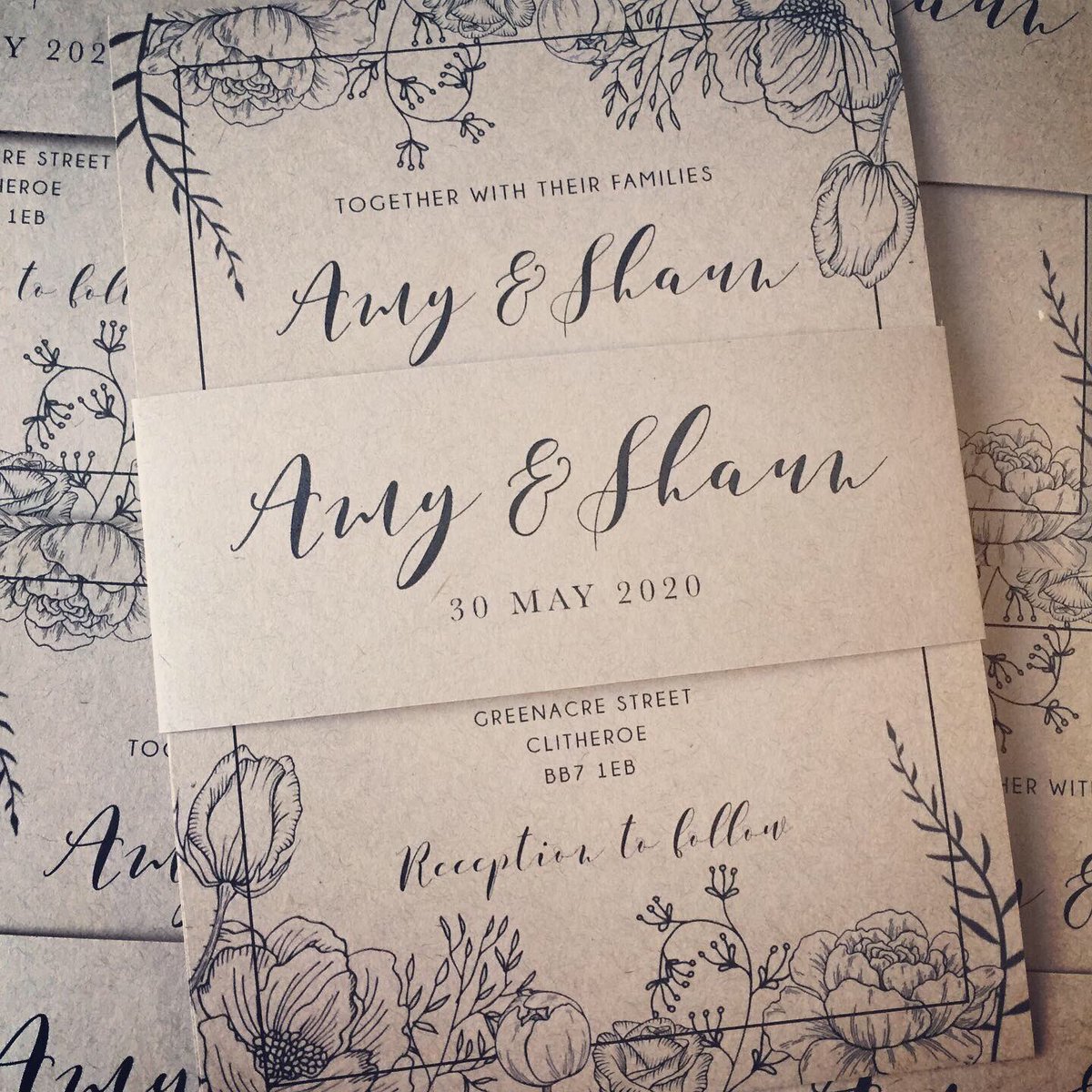 designerinvite's tweet photo. Rose &amp; Peony line drawings frame these Kraft card bundles bound with custom belly band #wedding #invitations #invites #stationery #bellyband #bundles #kraft #recycled #peony #rose #sketch #drawings #personalised #custom #bespoke #2020wedding #2021wedding #2020bride #2020groom https://t.co/8OCblmMkss