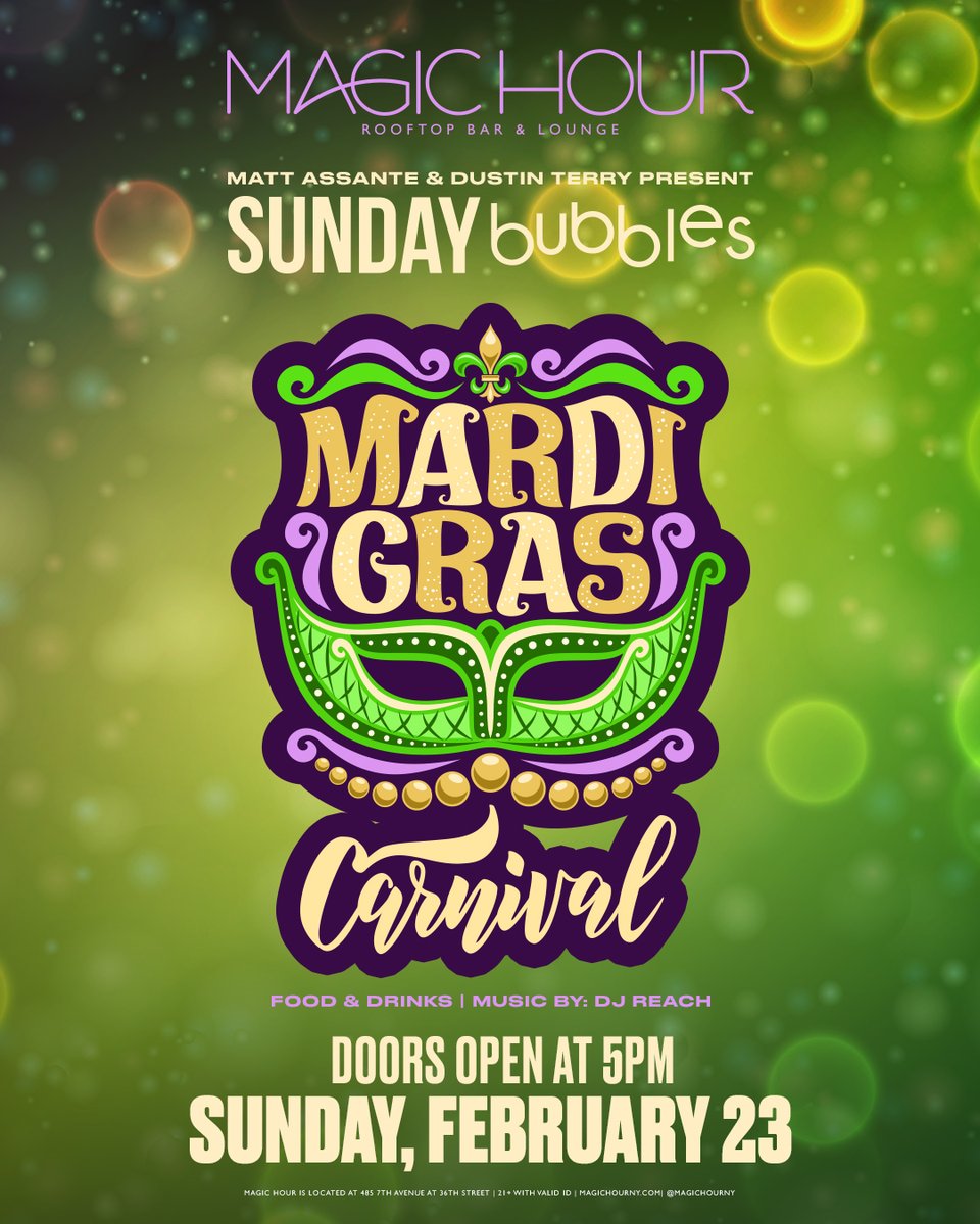 Join us today at 5PM for the #SundayBubbles Mardi Gras Carnival! We're turning our Party Pouches PURPLE and enjoy live entertainment and half-off champagne specials!  🎊🍾