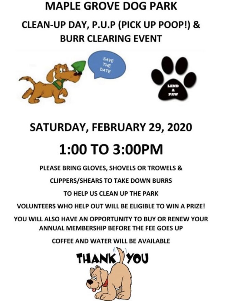 MGPDOA's tweet photo. Help keep the park clean at our clean-up event next weekend! We’re still looking for volunteers to help give out tickets. If interested in volunteering please email info@maplegrovedogpark.ca https://t.co/Jcpeb6XwQ2