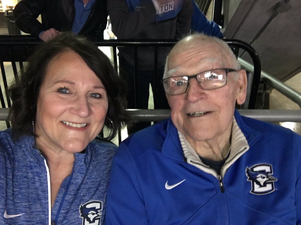 MaryKayUhing's tweet photo. #GoJays Happy 90th Birthday Dad!  Cletus Becker 💙 First Jays game https://t.co/lMlOKyGbpW