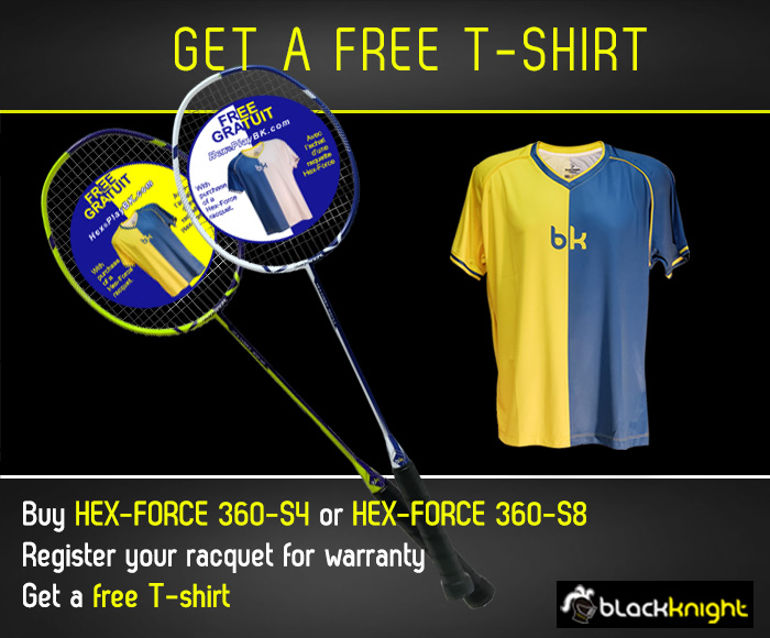 Every HEX-FORCE 360-S4 and HEX-FORCE 360-S8 owner can get a free T-shirt. All you need is to register for the warranty.

Register your racquet for warranty at the link: blackknightsocial.com/registration/w…

Receive your free T-shirt 🎊