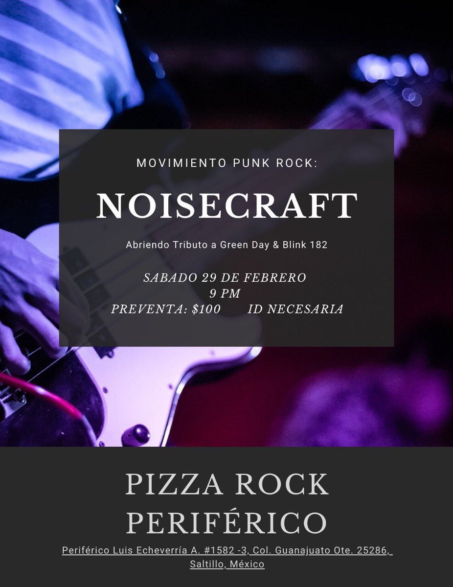 Noisecraft1's tweet photo. SALTILLO!!
Nos vemos este Sábado 29 de Febrero por primera vez en @PizzaRockCo en el evento Tributo a Green Day &amp; Blink 182 
Los esperamos🤟❤️
#NoisecraftHaciendoRuido https://t.co/7tmGygnAEU