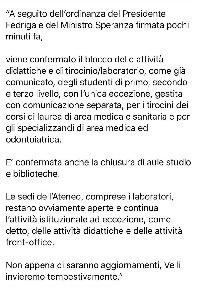 UniTrieste's tweet photo. 🔺🔺AGGIORNAMENTO delle 21.30 del 23/02 su CHIUSURA UNIVERSITÀ dal 24/02 al 01/03 per emergenza Coronavirus🔺🔺 https://t.co/JBrwqTLmHe