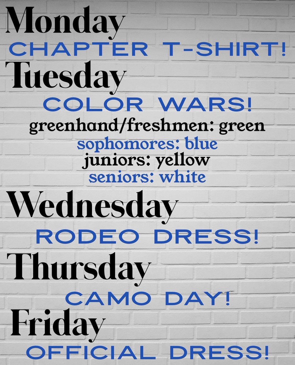 ATTENTION ..... this upcoming week is National FFA Week (2/22-2/29) and in honor of such an amazing week we are going to dress up every single day!! Hope to see you all dressed up...