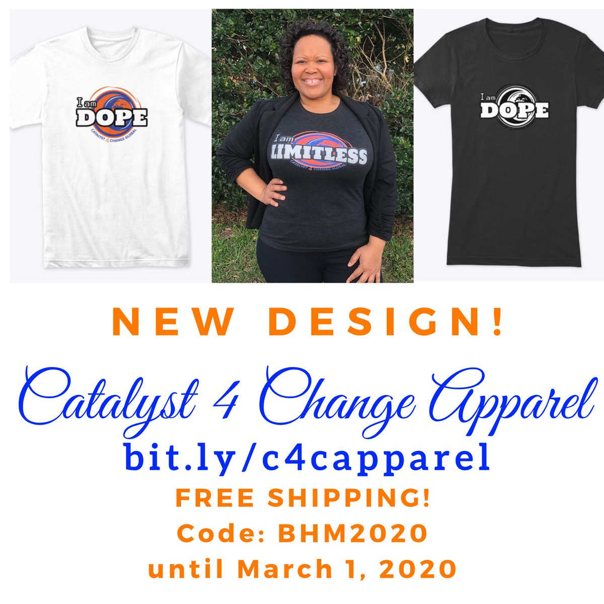 c4cglobal1's tweet photo. 🎉NEW DESIGN!🎊
👕I am a DOPE.👚
2020 “I am” collection.
I am LIMITLESS
I am BLACK HISTORY
I am GLOBAL
I am a CATALYST
And more to come... Stay tuned.
Check out https://t.co/OWhL610eFk
🔑 code: BHM2020
⏳ FREE SHIPPING! Ends Sun, Mar 1, 2020
#happyblackhistorymonth #iamdope https://t.co/9DAvSboQhN