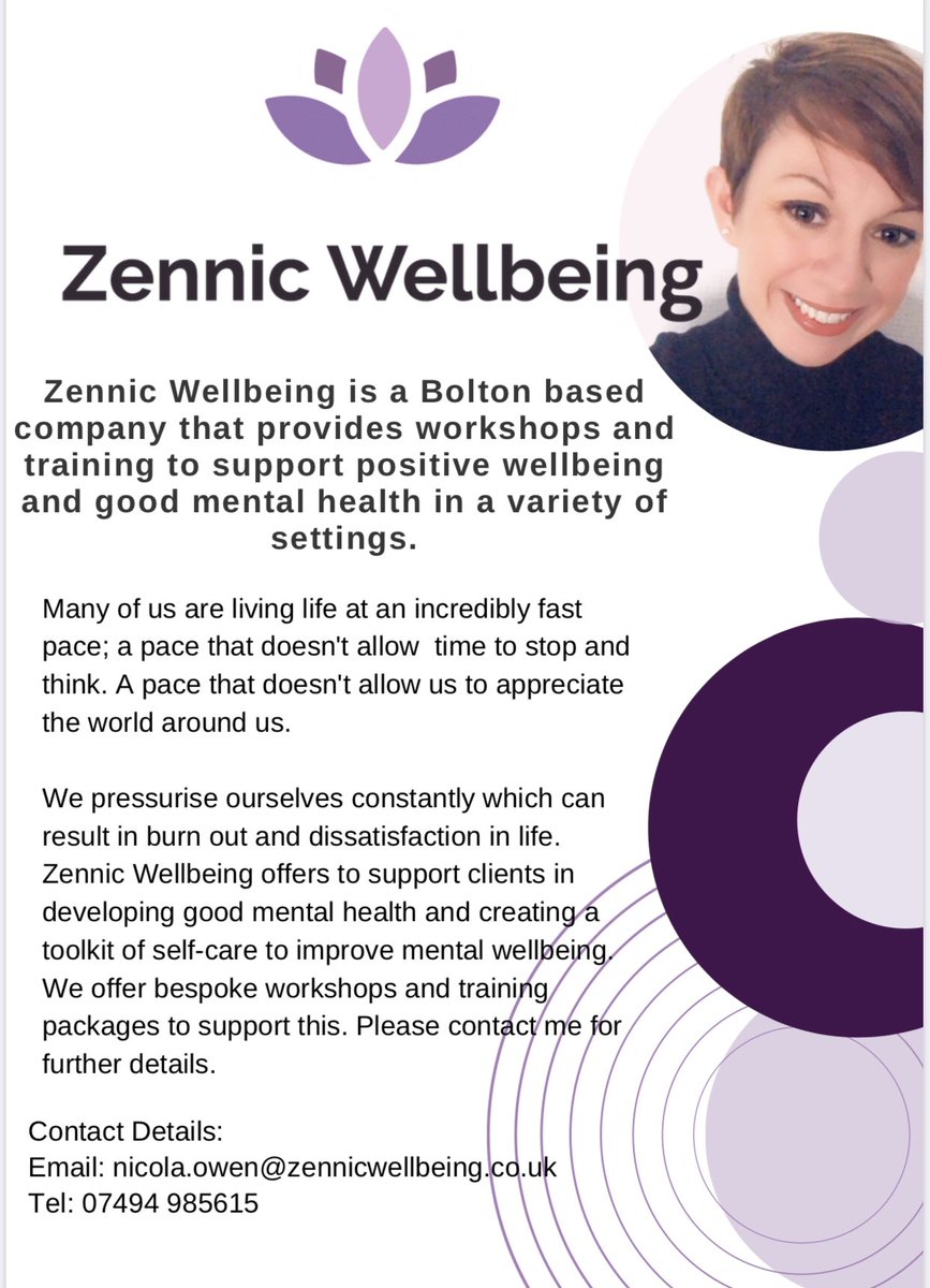 sphoenix78's tweet photo. Contact nicola.owen@zennicwellbeing.co.uk for further details. #wellbeing #mentalhealth #supportintheworkplace #schoolswellbeing https://t.co/jb91R6jNZc