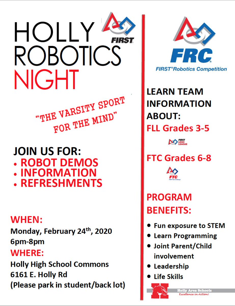 HollySchools's tweet photo. Monday night! Hope to see you there!
@HollyHighSchool @HMSBronchos @Patterson_El @HollyElementary @DavisburgEl @RosePioneerEl  #BronchoPride #RoboticsNight @HollySchools https://t.co/zd4jgHq8WO