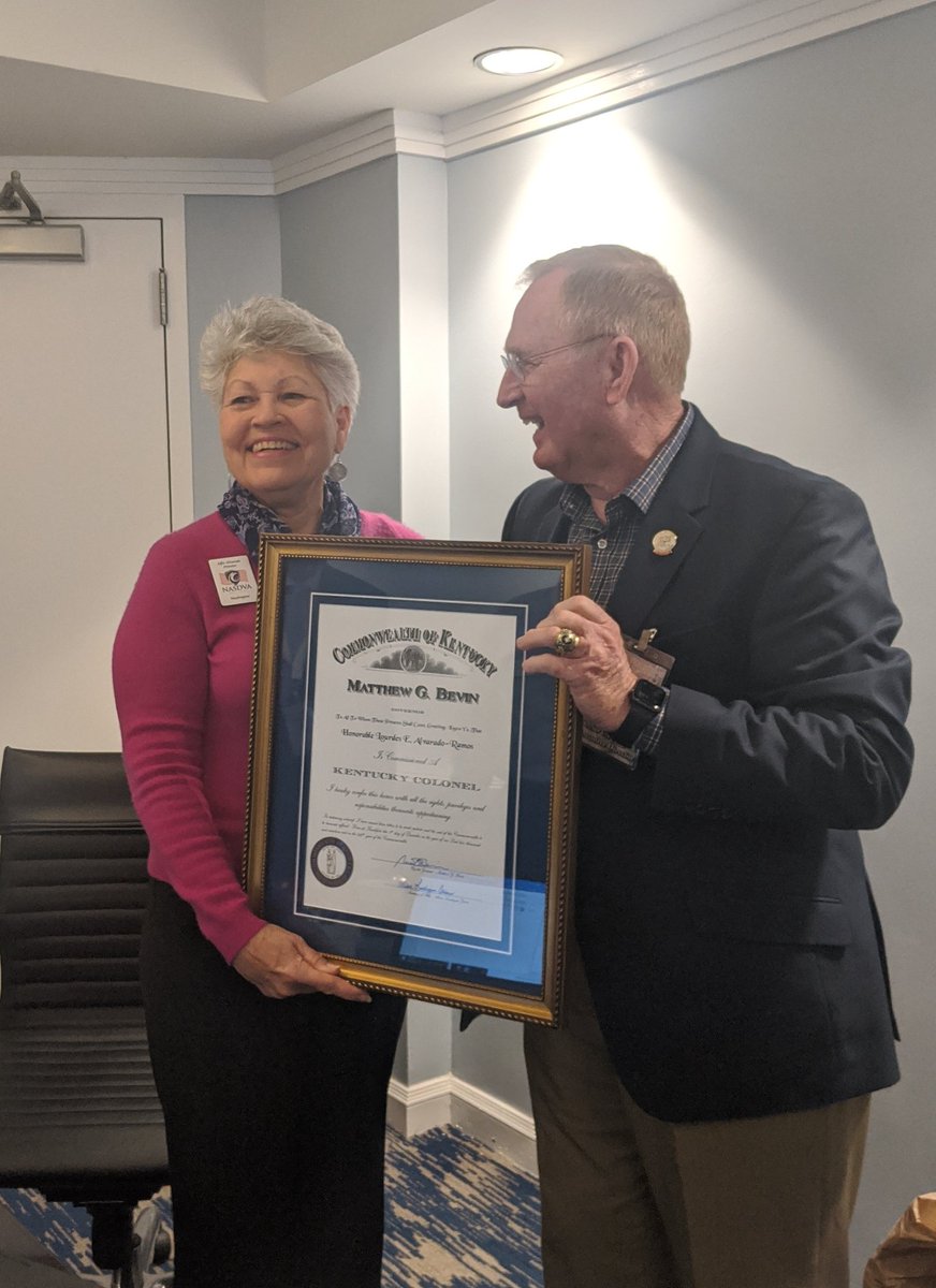 Urena's tweet photo. Congratulations to @WDVA State Director Alfie Alvarado, Commissioned today as a #KentuckyColonel in appreciation of her continued Nat'l leadership on Veterans' causes. She is the immediate past president of Nat'l Association of State Directors of Veterans' Affairs. #NASDVA https://t.co/xkPc4cAXc2