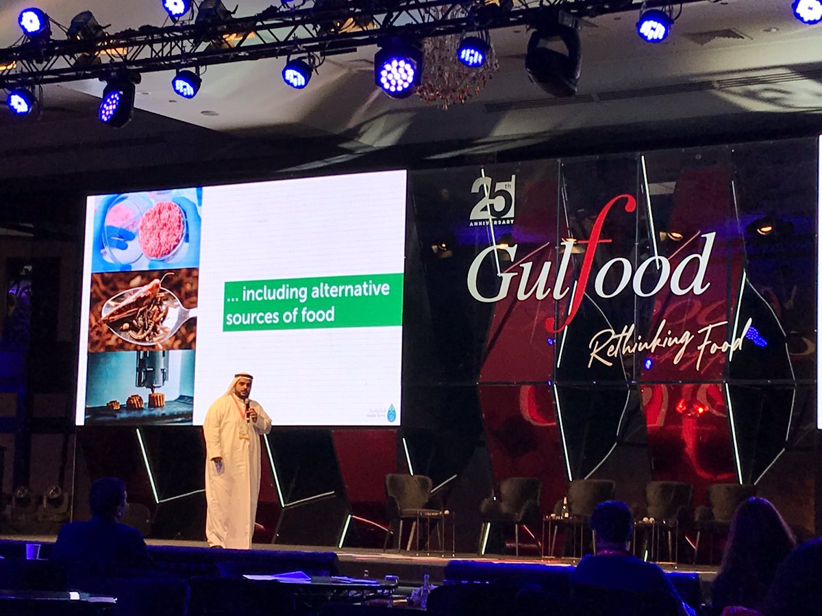 Fascinating talk from Abdulaziz AlMulla (CEO Madar Farms UAE) <a href="/Gulfood/">Gulfood</a> on water&amp;food security challenges. Synthetic meat, insect protein and 3D printed food to specific nutrient profiling are fast becoming commercial reality as #Agtech solutions in the quest for more from less 🤔