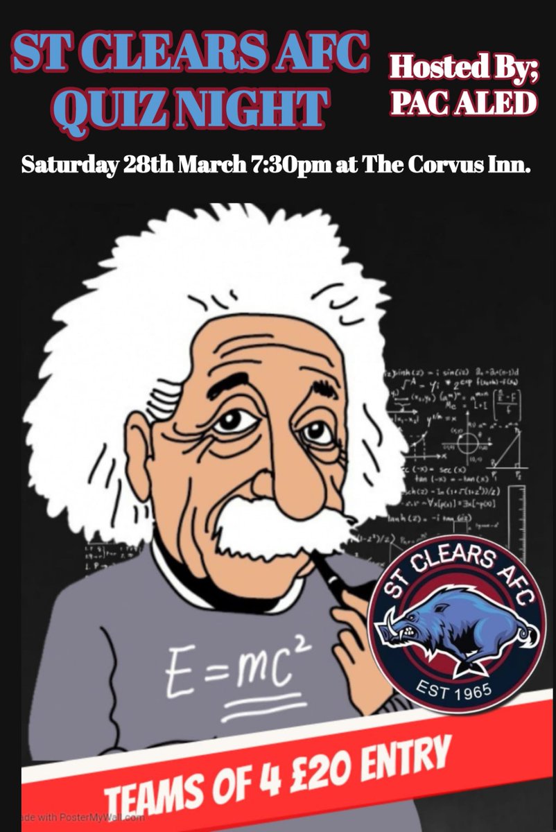 STCLEARSAFC's tweet photo. Date for your diary.... Sat 28th March
We will host a  quiz night in the Corvus Inn with the legendary quiz master Mr 'Pac' Aled Jones!!
£20 Entry for a team of 4 with prizes for the winners as well as a raffle on the night. We will look to start at 7:30pm.
Please share or RT 🐗 https://t.co/Ru9dCKn80W