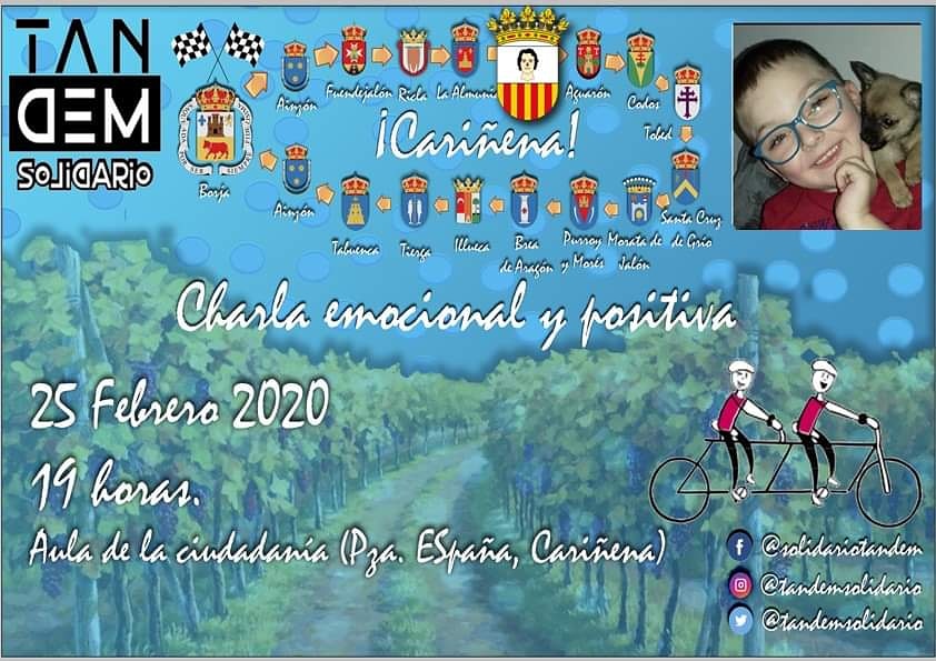 SolidarioTandem's tweet photo. Acabamos el veraniego domingo invitandoos a todos a un nuevo evento, nueva charla emocional y positiva en el municipio de Cariñena, que como todos sabeis se está volcando con nuestra #marchasolidaria para y por David, te animas? Juntos imparables! 💪💪 https://t.co/uMzPU95fZT