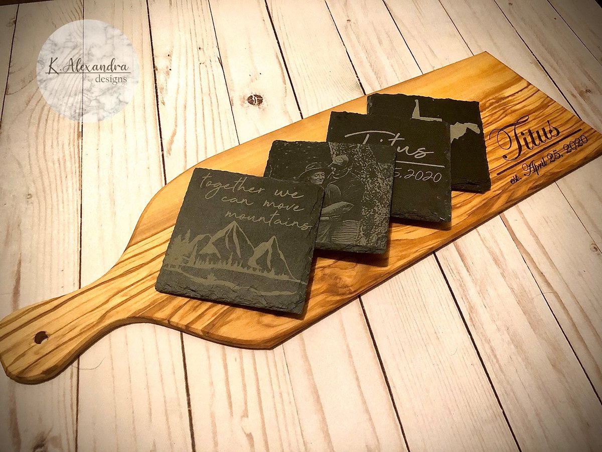 KelseaNewman13's tweet photo. Got to engrave this beautiful olive wood charcuterie board and some slate coasters for a bride to be! I’m in love 😍 https://t.co/4gvml5h61J