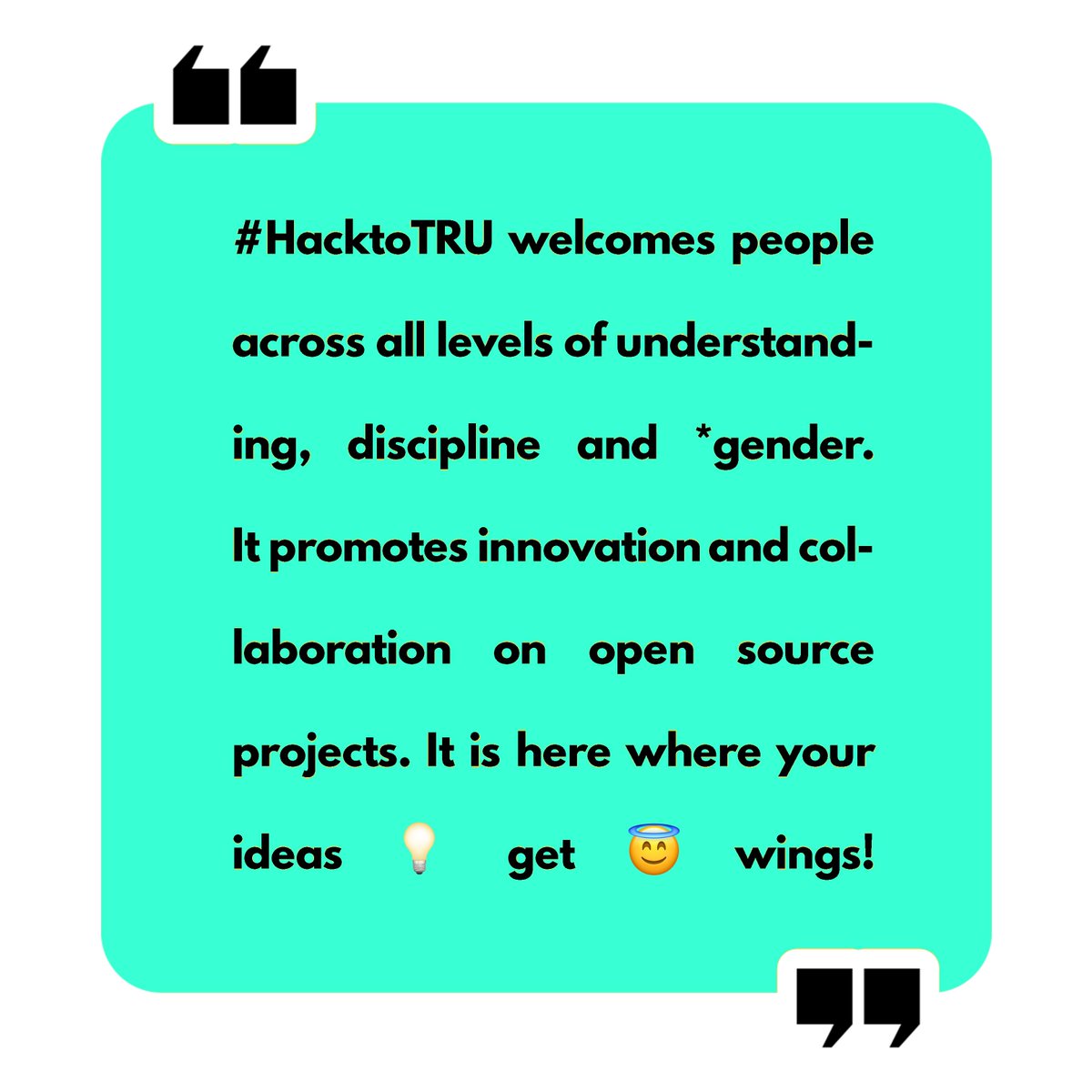 #HacktoTRU welcomes people across all levels of understanding, discipline and *gender. 

It promotes innovation💡and collaboration on open source projects. It is here where your ideas get wings! 😇

#myTRU #BCTech #Kamloops #TRUStudentLife #hackathon #opportunity #mlh