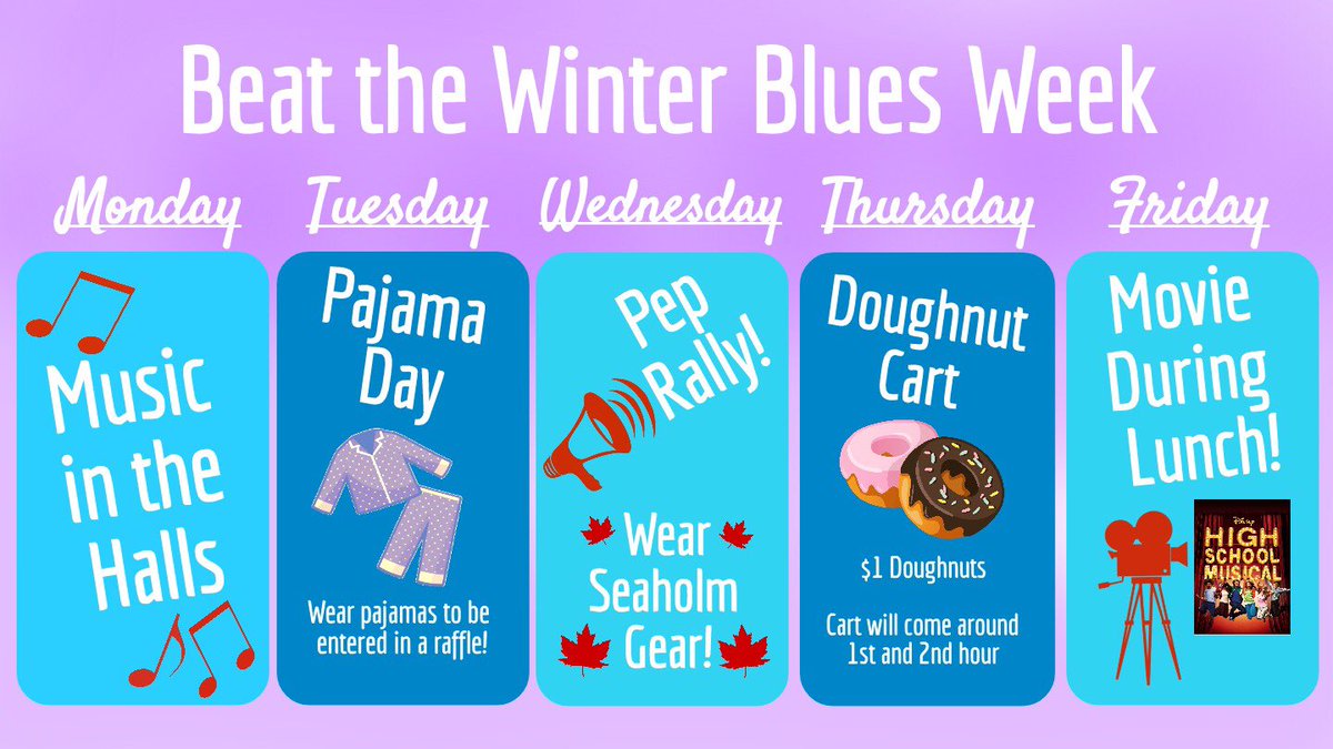 SeahomStuCo's tweet image. Beat the Winter Blues Week is this week! Make sure to spread the word about all of these fun events! 😊🍁